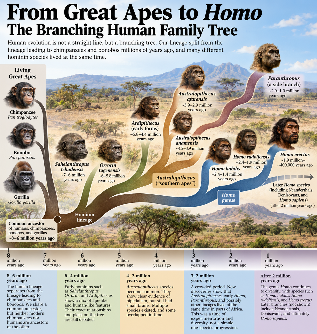 A branching view of the human family tree, from the shared great-ape ancestry through early hominins and the first members of Homo.