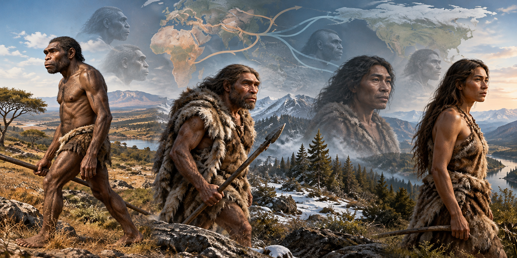 A visual journey from early Homo through Neanderthals and Denisovans to Homo sapiens, with migration across Africa and Eurasia.